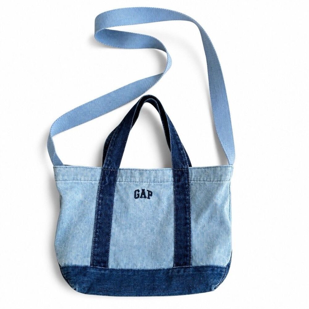Gap Mini Denim Tote Bag Embroidered Logo Crossbody Strap Plus Double Handles EUC